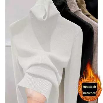 Ankela Red Long-Sleeved Knitwear Women s Thickened Inner Bottoming Top Winter New Arrival Elegant Heaps Collar Sweater Beige S
