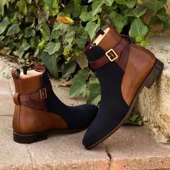Ankle Boots for Men Plaid Desert Boots Buckle Strap Flock Chelsea Business Botas De Trabajo Hombre Blue Brown Men Shoes 38