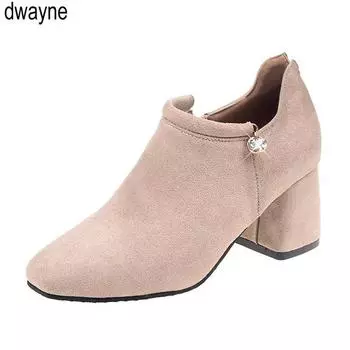 Ankle Boots For Women Fashion Crystal Casual Shoes Female Flock Mid Square Heels Footwear Ladies Elegant Zipper Flats Hot 2024 7 чёрный
