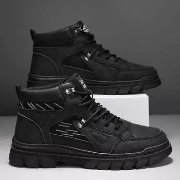 Ankle Boots High Top Thick Bottom Round Toe Outdoor Shoes Flat Comfortable All-match Wear-resistant Spring and Autumn Model 39 чёрный