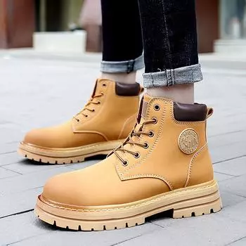 Ankle Boots Winter Plush Warm Men Women Genuine Leather Snow Yellow Boots Fashion British Style Work Shoes Autumn Big Size 35-46 35