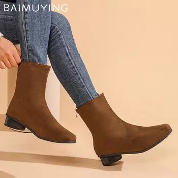 Ankle Boots Winter Women Shoes Pointed Toe Retro Mid Heels Suede Shoes 2025 Trend Designer Classic Goth Winter Botas De Mujer 35