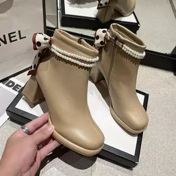 Ankle Boots Women 2024 Spring Autumn Style Square Headed Thick Heel Retro Women s Boots Bow Tie Pearl Side Zipper Leather Boots 34 бежевый