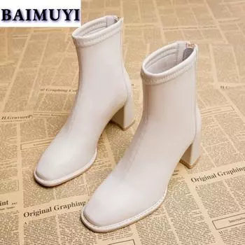 Ankle Boots Women Elegant High Heels Chunky Dress Shoes 2025 Winter Short Plush Snow Boot Woman Leather Goth Pumps Zapatos Mujer 34 бежевый