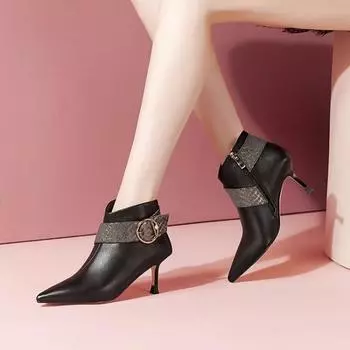 Ankle Boots Women New Elegant Pointed Toe High Heels Dress Shoes Thin Heels Booties Buckle Snake s Skin Winter Shoes Black 35 чёрный