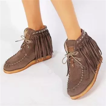 Ankle Boots Women Shoes Ladies Round Toe Booties Roman Flat Bottom With Lace-Up Fringed Female Booties Winter Boots Woman 896 35 темно-коричневого
