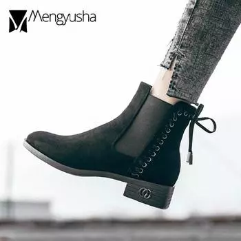 Ankle Bowtie Botas Women Winter Boots Punk Rivet Chelsea Bottes 2024 Plush Fur Warm Footwear Slip On Stretch Snow Flock Booties 4.5