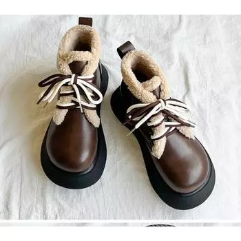 Ankle Flat with Modern Boots Winter Lace-up Women s Shoes on Sale 2024 Brand Round Toe Low Heel Solid Platform Women s Boots 35 темно-коричневого