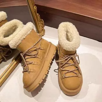 Ankle Flat with Snow Boots Slip-on Round Toe Mid Heel 2024 High Quality Ladies Shoes Solid Cross-tied Concise Women s Boots 35 бежевый