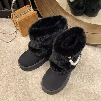 Ankle Flat with Snow Boots Winter Slip-on Round Toe 2024 Brand Shoes Female Mid Heel Solid String Bead Solid Women s Boots 36 верблюд