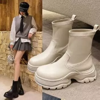 Ankle Height Increasing Modern Boots Winter Slip-on Ladies Shoes on Sale 2024 Brand Slip-on Round Toe Solid Concise Boots 35 бежевый