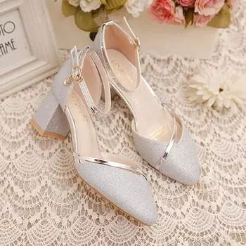 Ankle Strap Square Heels Pumps Women Luxury Bling High-Heeled Shoes Woman Design Sexy Pointed Toe Ladies Office Shoes 34 чёрный