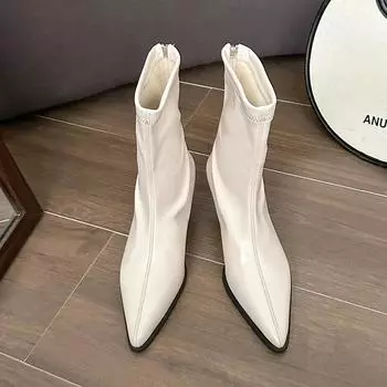 Ankle Thin Heels Modern Boots Winter Round Toe Shoes Female 2024 High Quality Mid Heel Solid Sewing Concise Women s Boots 35 бежевый