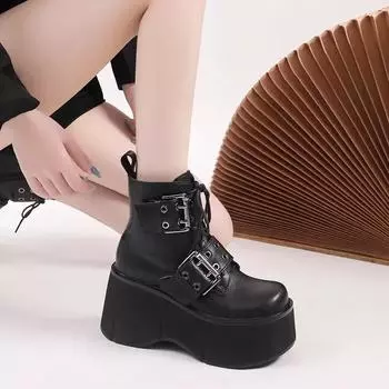 Ankle Wedges Modern Boots Zip Round Toe High Heel 2024 High Quality Women s Shoes Solid Belt Buckle Winter Novelty Women s Boots 34 чёрный