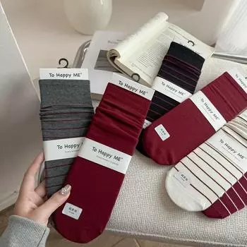 «Ankola 2024 осень японские женские полосатые носки средней длины из гребенного хлопка без косточек» One Size красный