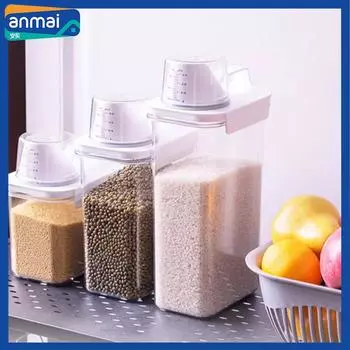 Anmai Cereal Tanks Storage Box with Measuring Cup Airtight Sealed Food Container Set Transparent Cans Lids Kitchen Organization
