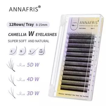 ANNAFRIS Camellia Объемные ресницы для наращивания 4D 5D W Пушистые Мягкие Натуральные Готовые веерные ресницы L Изгиб W Форма Ресницы Camellia 3D W 0.07 C 8-15 чёрный