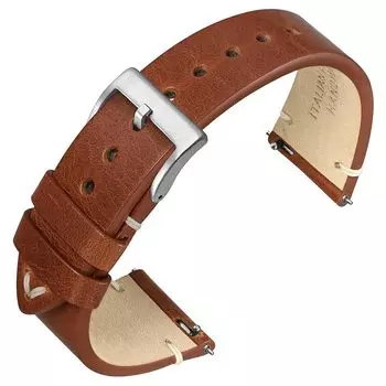 [ANNEFIT] genuine leather watch band 20mm military leather watch strap Quick Release saddle brown/silver buckle