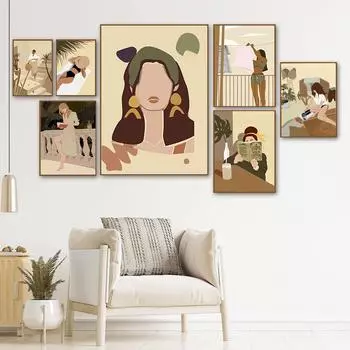 Аннотация Boho Girl Monstera Palm Leaf Book Плакаты на скандинавскую тему и принты, настенная живопись на холсте, настенная картина для декора гостиной 21cm30cm NoFrame