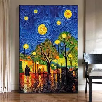 Аннотация Ван Гог Ночной Пейзаж Холст Картина Настенное Искусство Знаменитые Здания Под Звездной Ночью Печать Плакатов Домашний Декор Без Рамки 21*30cm