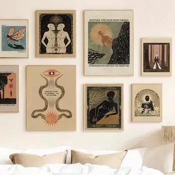 Аннотация Винтаж Змея Духовное Искусство Плакат Бохо Ретро Солнце Обнаженная Гриль Тело Феминистский Лес Cavnas Картина Гостиная Домашний Декор 21x30cm No Framed