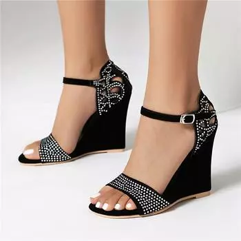 ANNYMOLI женские босоножки с круглым носком на танкетке на высоком каблуке с пряжкой и кристаллами, сексуальные женские модные туфли, летние, черные, красные, 46 33 чёрный