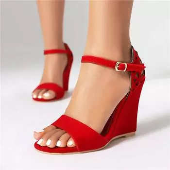 ANNYMOLI женские босоножки с круглым носком на танкетке на высоком каблуке с пряжкой сексуальные женские модные туфли летние черные красные 46 33 чёрный