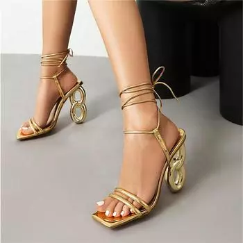 ANNYMOLI женские босоножки с ремешком на щиколотке, квадратный носок, необычный стиль, высокие каблуки, сексуальный дизайн, женская модная обувь для вечеринок, лето, золото 43 36 золотой