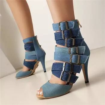 ANNYMOLI Женские босоножки с ремешком на щиколотке, с открытым носком, на шпильках, с молниями и пряжками, сексуальные джазовые танцевальные ботинки, женская модная обувь, летняя синяя 46 35 синий
