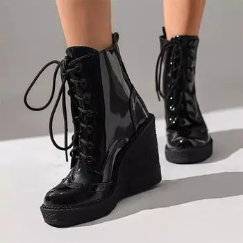 ANNYMOLI/женские ботильоны, армейские ботинки с круглым носком на танкетке, высоком каблуке и платформе, на шнуровке, женская модная повседневная обувь, зимняя черная обувь 44 35 чёрный