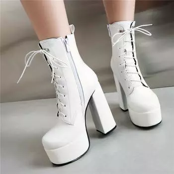 ANNYMOLI, женские ботильоны, армейские ботинки с круглым носком на платформе и толстом высоком каблуке, на молнии и шнуровке, женская модная обувь, зимняя обувь 46 35 белый
