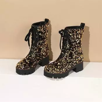 ANNYMOLI, женские ботильоны, блестящие ботинки с круглым носком на толстом среднем каблуке, блестящие армейские ботинки на шнуровке, женская модная обувь, зимняя обувь 43 34 чёрный