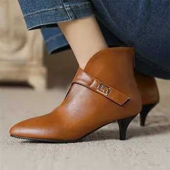 ANNYMOLI/женские ботильоны из искусственной кожи, короткие ботинки с острым носком на тонком высоком каблуке и застежкой-молнией, металлические украшения, женская модная обувь, зимняя обувь 45 33 чёрный