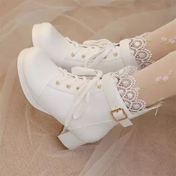 ANNYMOLI женские ботильоны Kawaii с круглым носком, кружевные, на толстом среднем каблуке, со шнуровкой, пряжкой, молнией, короткие ботинки в стиле Лолиты, женская модная обувь, осень-зима 33 белый