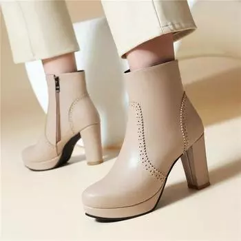 ANNYMOLI/женские ботильоны с круглым носком на платформе, короткие ботинки на толстом высоком каблуке и молнии, лаконичная женская модная обувь, зимняя обувь цвета хаки 46 33 чёрный