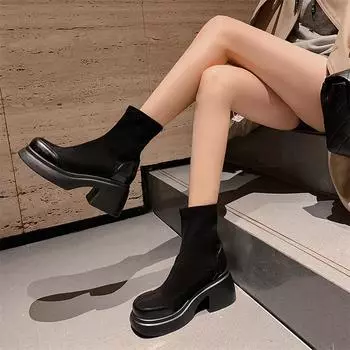 ANNYMOLI/Женские ботильоны с круглым носком на платформе, короткие ботинки на толстом высоком каблуке, лаконичный дизайн, женская модная обувь, зимняя черная обувь 43 33 чёрный
