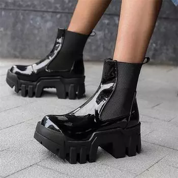 ANNYMOLI/женские ботильоны с круглым носком на платформе, ботинки «челси» на толстом высоком каблуке, лаконичная женская модная зимняя обувь черного цвета 44 35 чёрный