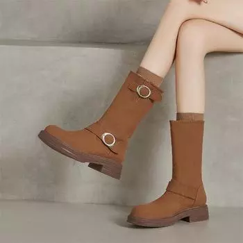 ANNYMOLI женские ботильоны с круглым носком на среднем каблуке с пряжкой на платформе короткие сапоги женская модная обувь осень-зима черный коричневый 43 34 чёрный