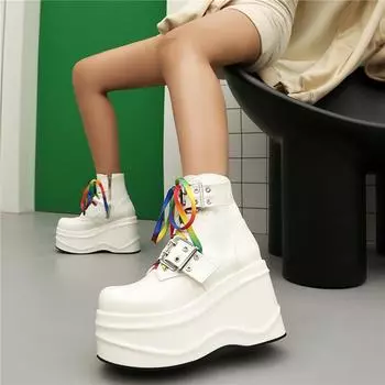 ANNYMOLI женские ботильоны с круглым носком, плоской платформой, высоким каблуком, застежкой-молнией, шнуровкой, пряжкой, короткие ботинки, женская модная обувь, зимняя 45 34 белый