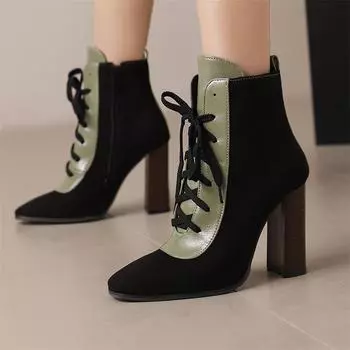 ANNYMOLI Женские ботильоны с круглым носком, на толстом высоком каблуке, со шнуровкой, разноцветные, на молнии, короткие ботинки, женская модная обувь, осень-зима 46 34 чёрный