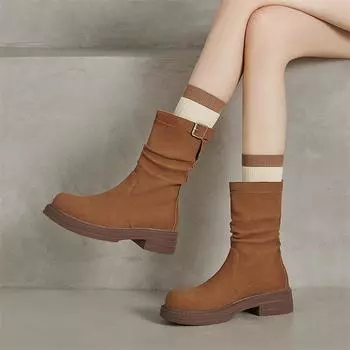 ANNYMOLI женские ботильоны с круглым носком на толстом среднем каблуке с пряжкой и складками короткие сапоги женская модная обувь осень-зима черный коричневый 43 34 чёрный