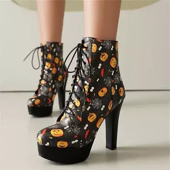 ANNYMOLI женские ботильоны с круглым носком на высоком каблуке с застежкой-молнией на шнуровке на платформе короткие сапоги женская модная обувь осень-зима 46 34 чёрный