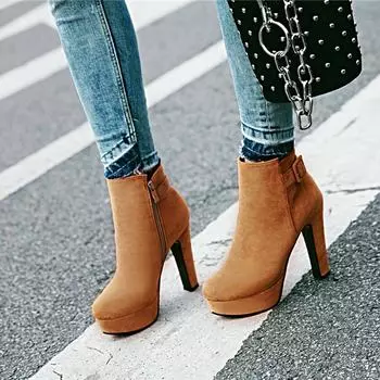 ANNYMOLI/женские ботильоны с круглым носком на платформе, короткие ботинки на массивном высоком каблуке с пряжкой и молнией, женская модная осенне-зимняя обувь 43 34 чёрный