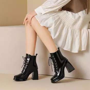 ANNYMOLI/женские ботильоны с квадратным носком на платформе, армейские ботинки на толстом высоком каблуке со шнуровкой, женская модная обувь, зимняя белая обувь 46 33 чёрный