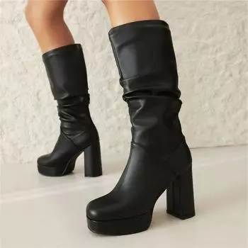 ANNYMOLI/женские ботинки до середины икры, с круглым носком, на толстом высоком каблуке и платформе, со складками, в лаконичном дизайне, женская модная обувь, зимняя черная обувь 42 35 чёрный