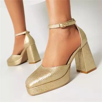 ANNYMOLI/женские двухсекционные туфли-лодочки с ремешком на щиколотке, женская модная обувь на платформе с квадратным носком и пряжкой, весенне-осенняя обувь цвета золотистого, серебряного цвета 34 чёрный