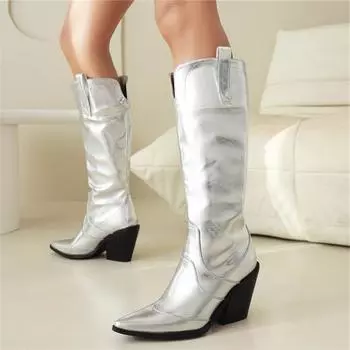 ANNYMOLI/женские ковбойские сапоги до колена, ботинки Gogo с острым носком, ботинки в стиле «ковбоя» в западном стиле, женская модная обувь, зимняя обувь 46 34 чёрный