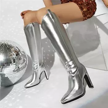 ANNYMOLI женские ковбойские сапоги до колена с квадратным носком и толстым каблуком, длинные сапоги в стиле вестерн на молнии, женская модная обувь, осень-зима 46 34 белый