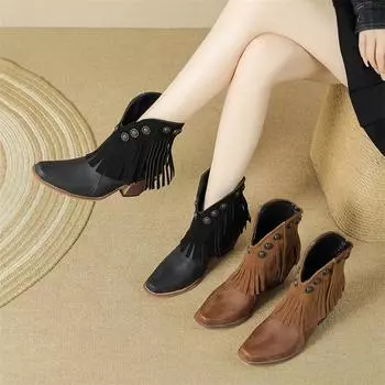 ANNYMOLI женские ковбойские сапоги с круглым носком на толстом высоком каблуке ковбойские сапоги с кисточками короткие сапоги в стиле вестерн женская модная обувь осень-зима 33 чёрный