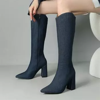 ANNYMOLI/женские ковбойские высокие сапоги до колена с острым носком на толстом высоком каблуке и застежкой-молнией, джинсовые ботинки в западном стиле, женская модная обувь, зима 43 33 небесно-голубой